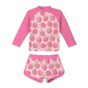 Hiijoy Big Girls Strawberry Print Long Sleeve Rashguard Shorts Swimsuit, 2-Piece